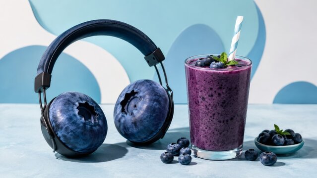 Blueberry headphone cushions beside smoothie in youth snack scene