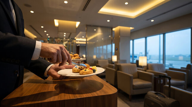 Businessman selecting pastries in an upscale airport lounge, offering copy space for travel business advertising.