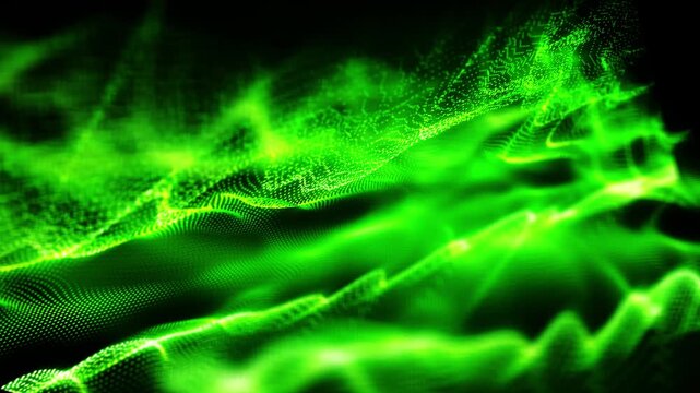 Abstract green glowing particles forming dynamic wave patterns on a dark background
