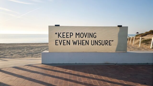 Inspirational quote on a beach sign encouraging perseverance and resilience despite uncertainty near ocean waves and sandy shore