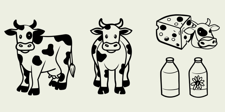 Cow cheese and milk bottle line art illustrations on a beige background