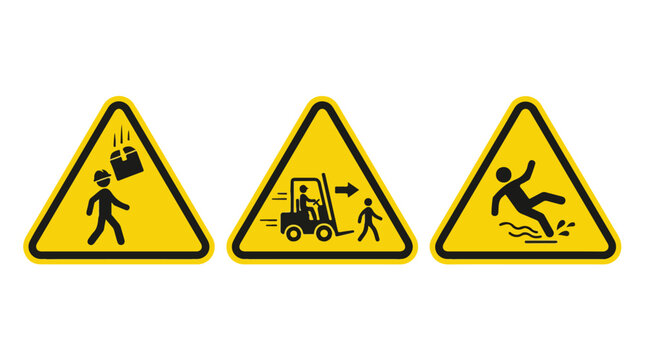 Industrial safety warning signs set, yellow triangle caution icons for falling objects and forklift traffic, slippery floor hazard symbols