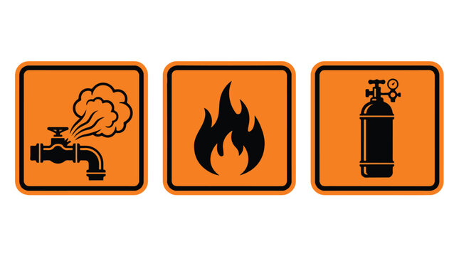 Industrial safety warning signs, orange hazard icons for flammable gas and steam leaks, set of 3 vector symbols for workplace security