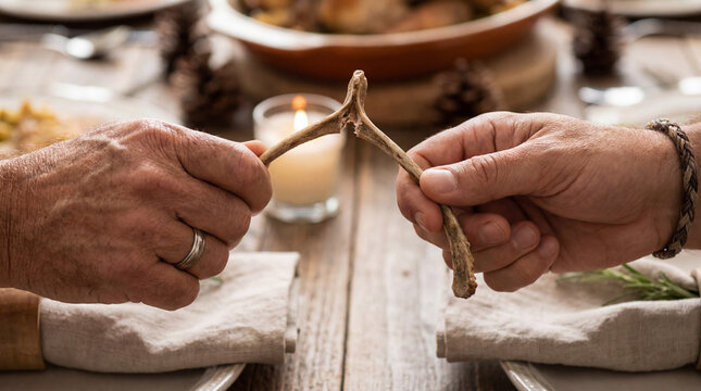Hands snap wishbone for luck at a candlelit meal
