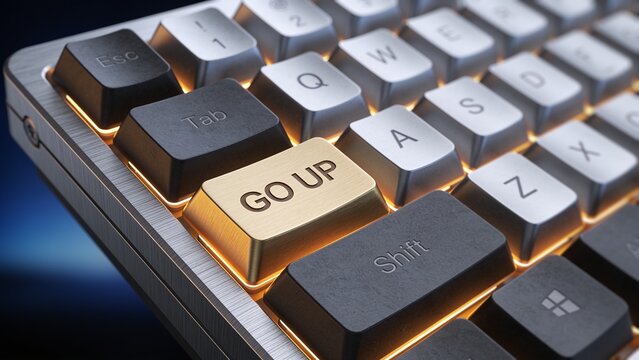 close-up of a custom-made premium keyboard with a key labeled "GO UP"
