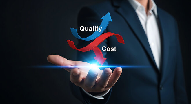 Businessman holding balance arrows showing high quality and lower cost growth