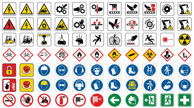 Industrial safety signs and warning symbols collection, occupational health and safety icons set, mandatory PPE and hazard alert vector graphics