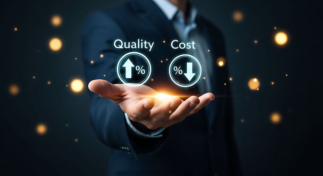 Businessman holding high quality and low cost optimization concept icons