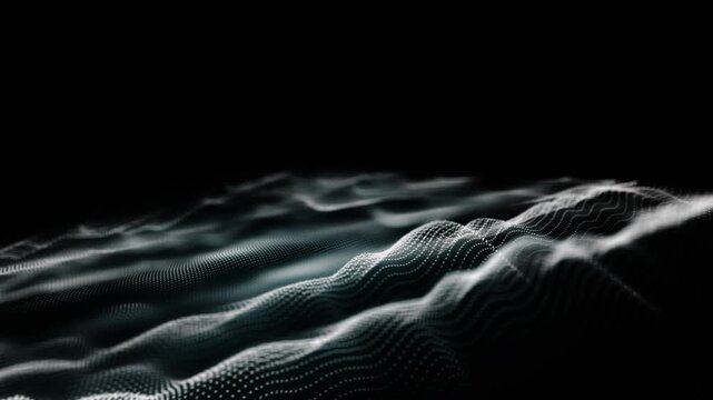 Abstract flowing digital waves of light particles on a dark background