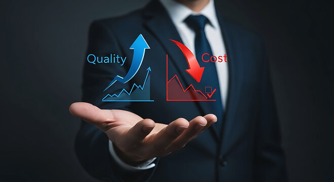 Businessman holding graphics showing increasing quality and decreasing cost value