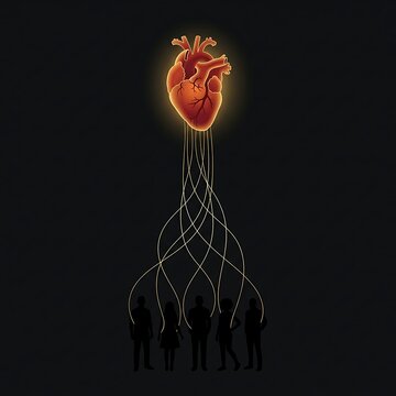 Glowing human heart connected to group of people silhouettes by glowing cables representing collective empathy and emotional connection in digital art illustration
