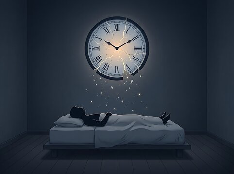 Silhouette of person lying in bed under large glowing clock face breaking into pieces
