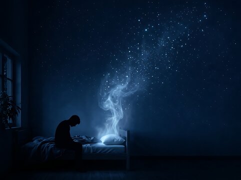 Lonely person sitting on bed in dark room with magical stardust rising from pillow