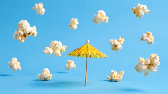Floating popcorn clouds around miniature umbrella in studio