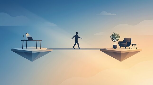 Person walking on tightrope between office desk and cozy living room furniture in sky