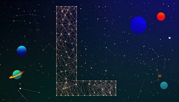 Glowing Letter L as a Digital Plexus Network in Deep Cosmic Space with Colorful Planets and Starry Constellations