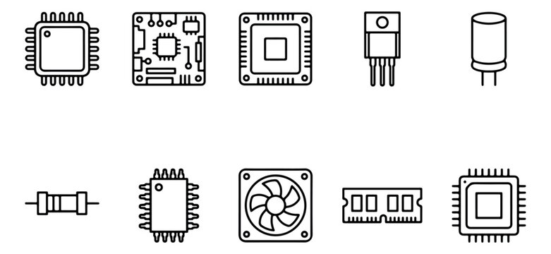 Electronic components line icon set, 10 computer hardware vector symbols, microchip and processor circuit elements for engineering and technology design