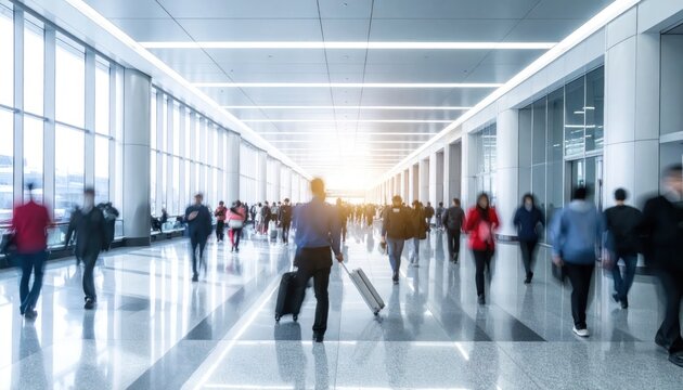 Motion-blurred diverse crowd of travelers and businesspeople walking through a bright modern airport terminal hallway with reflective floors illuminated by a distant light.