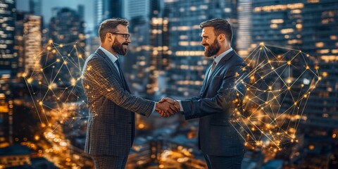 Fototapeta premium Businessmen Partners Handshaking Over Night Cityscape with Digital Network Representing Success