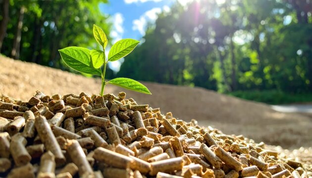 Young green sprout growing vibrantly from a mound of eco-friendly wood pellets under bright sunlight in a natural forest setting