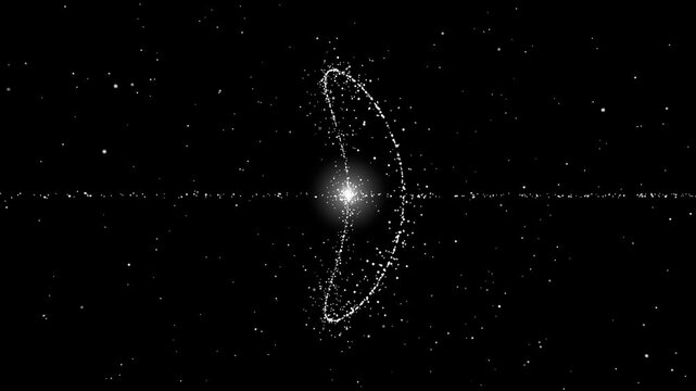 Abstract torus formed from glowing particles rotates smoothly in dark space. Torus creates scientific visualization with seamless loop for futuristic motion graphics
