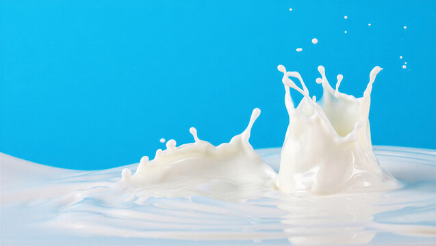 Milk splashes in water against bright blue background, dynamic liquid motion