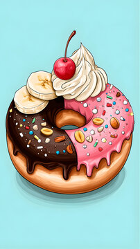 Illustrated donut with half chocolate and half pink frosting, banana slices, whipped cream and cherry on top, sprinkled with nuts and colorful sprinkles on a teal background.