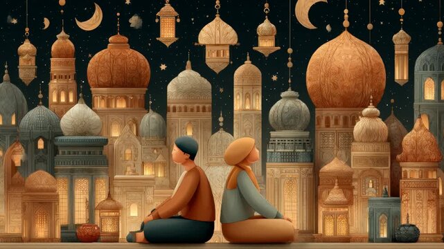 Animated couple praying together during ramadan against a backdrop of mosques and a starry night sky