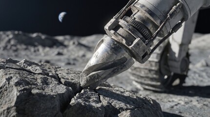 Close-up of drill tip on lunar surface in space exploration scene, earth in background, industrial technology and engineering