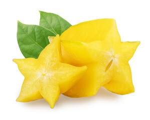 Fototapeta premium Pieces of star fruit or carambola with leaves isolated on white background with clipping path.