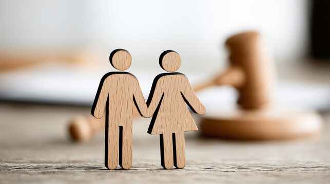 Wooden figures of a man and a woman stand together with a blurry judge gavel in the background, symbolizing divorce or family law.
