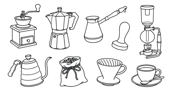 Hand-drawn coffee making equipment vector set, vintage coffee grinder, moka pot, cezve, and siphon coffee maker line art illustrations, essential barista tools and brewing accessories for cafes