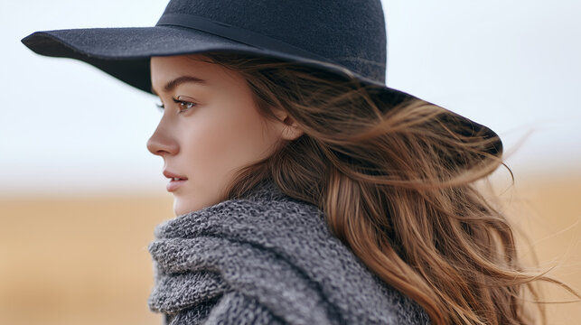 Side profile portrait of a thoughtful young woman in a black wide-brimmed hat and grey knitted scarf.