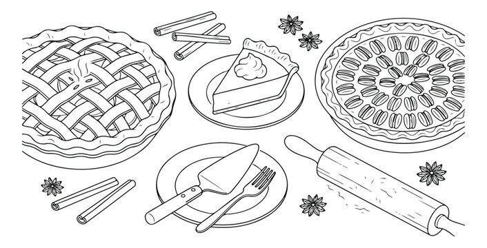 Homemade Pie Baking Vector Set, classic lattice crust pie, pumpkin pie slice with whipped cream, full fruit pie, baking tools, cinnamon sticks, star anise, dessert preparation line art collection