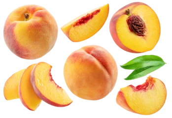 Set of red peaches, juicy peach slices isolated on white background. File contains clipping paths. © volff