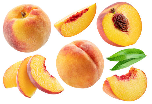 Set of red peaches, juicy peach slices isolated on white background. File contains clipping paths.