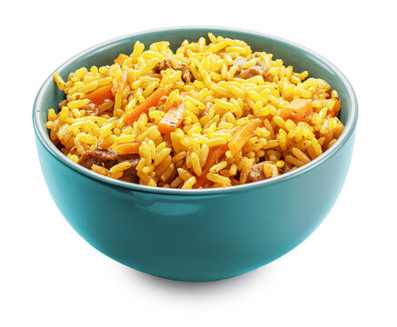 Clay bowl of traditional uzbek lamb pilaf with garlic isolated on a white background. Traditional asian food.