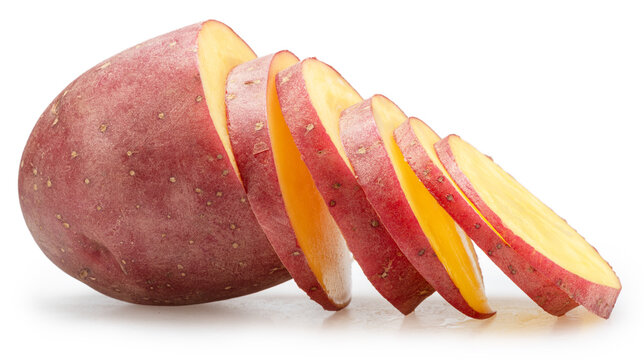 A row of raw red potato slices isolated on a white background. Clipping path. Organic food