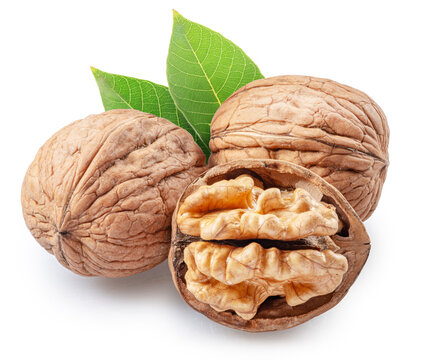 Whole walnuts and peeled walnut half with walnut leaves isolated on white background.