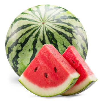 Round striped watermelon and watermelon slices isolated on white background. File contains clipping path.