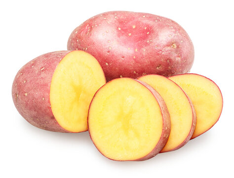 Raw red potatoes with cut into thin slices of potato isolated on a white background. Organic food