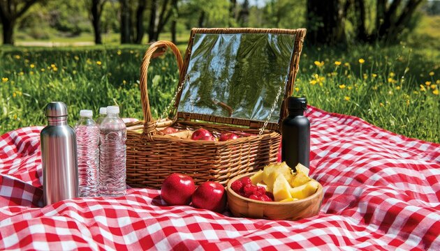 Picnic basket overflowing with fruit on checkered blanket in sunlit park