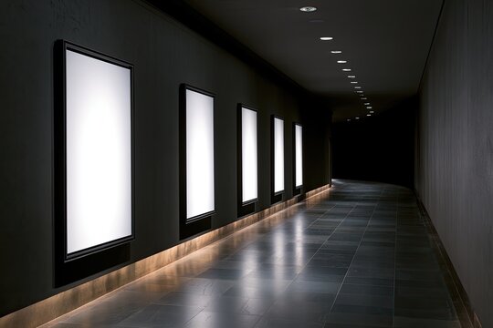 Dark, dimly lit corridor with illuminated display frames on wall