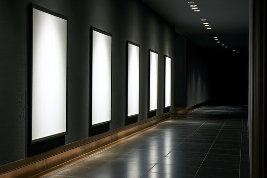 Dimly lit gallery hallway with illuminated, blank vertical frames