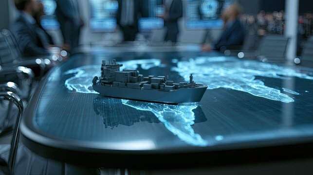 Miniature cargo ship model on a glowing world map in a modern boardroom