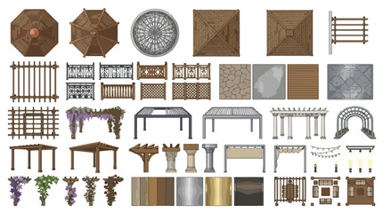 Obraz premium Wooden pergola and gazebo construction kit, garden landscape design elements vector set, outdoor patio structures and architectural fencing isolated PNG with Transparent Background