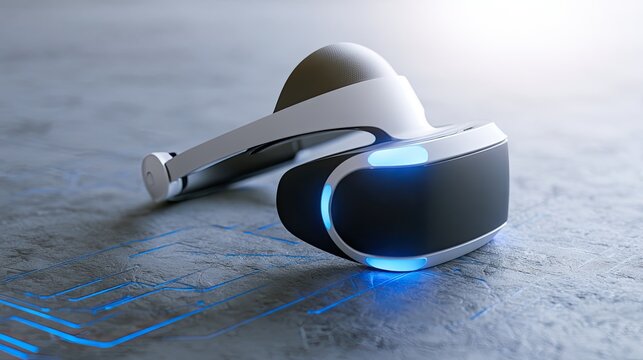 Futuristic headset on textured surface with glowing blue circuitry