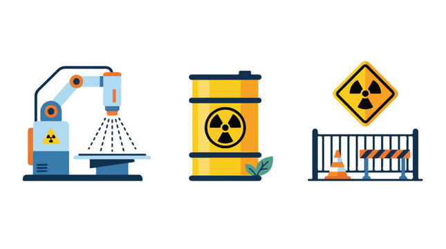 Industrial nuclear waste management icons, radioactive barrel and robotic arm vector set, hazardous material safety and disposal elements