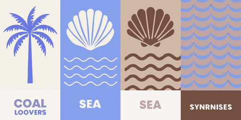 Palm tree seashell and wave pattern against colored backgrounds © Roni