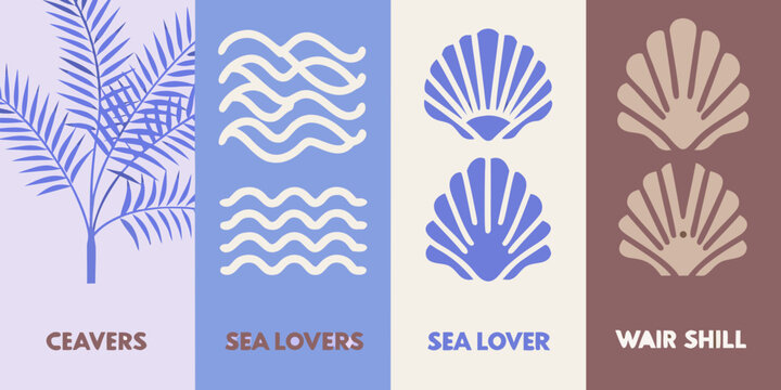 Palm fronds wave patterns and scallop shells vector illustration set